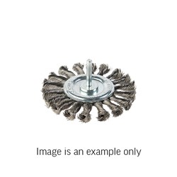 Wheel Brush Twist Knot 6mm Spindle Mount Stainless Steel 0.4mm Wire x 100mm Dia Carded